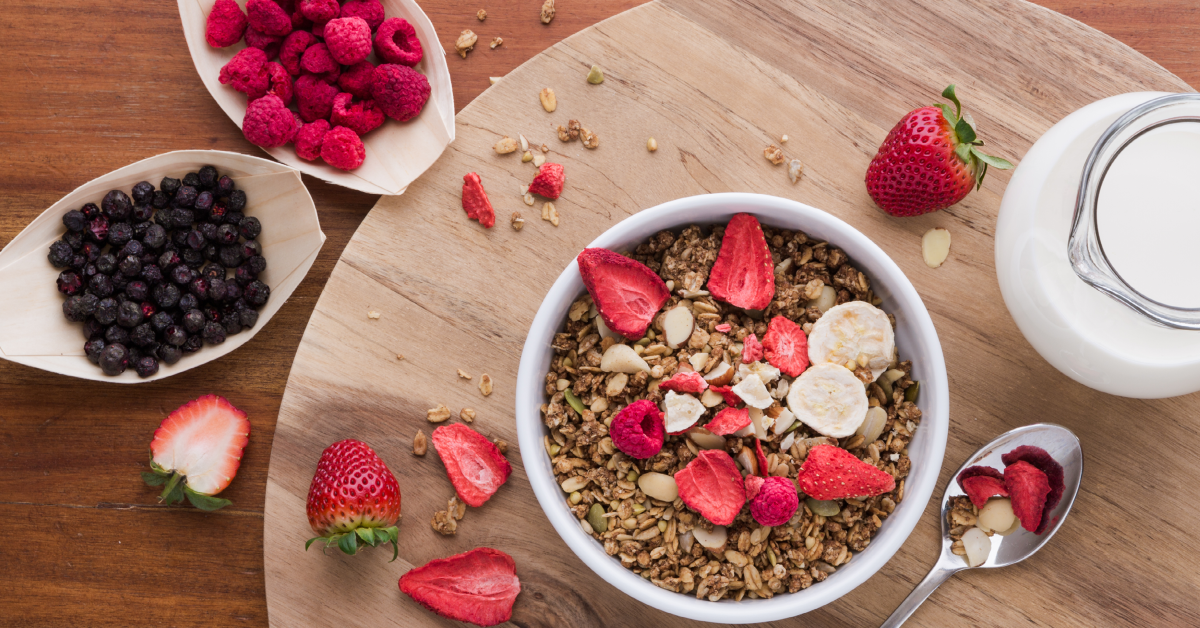 Sliced freeze dried strawberries and blueberries