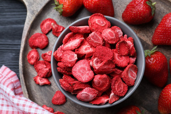 Freeze dried and fresh strawberries
