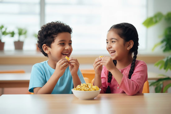 Two children enjoying a slice each of a Freeze Dried Mango at a table with a bright background