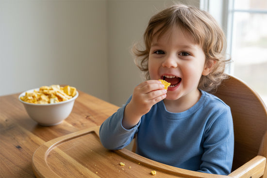 Child eating a slice of a Freeze Dried Mango from a bowl on a wooden table