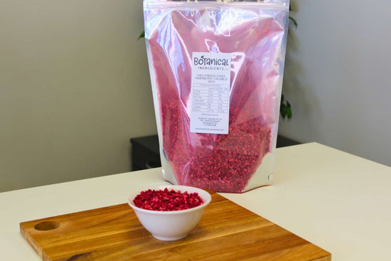 Freeze dried raspberry crumble in packaging and bowl